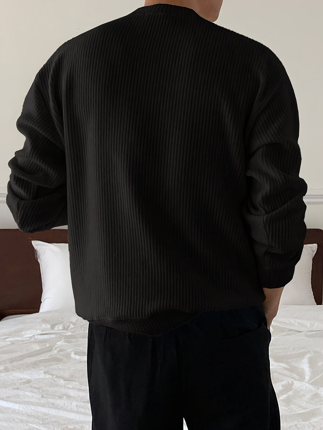 Heren gebreid T-shirt met lange mouwen, geribbeld en losvallend, voor lente/herfst, nieuwe gebreide pullover met ronde hals, casual modieuze sweatshirt