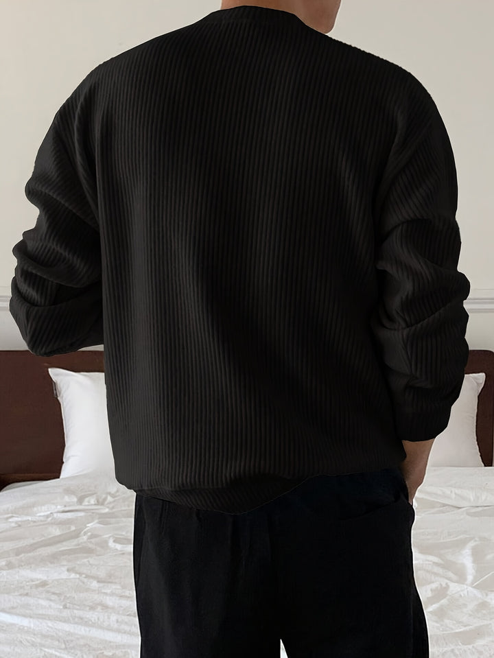 Heren gebreid T-shirt met lange mouwen, geribbeld en losvallend, voor lente/herfst, nieuwe gebreide pullover met ronde hals, casual modieuze sweatshirt