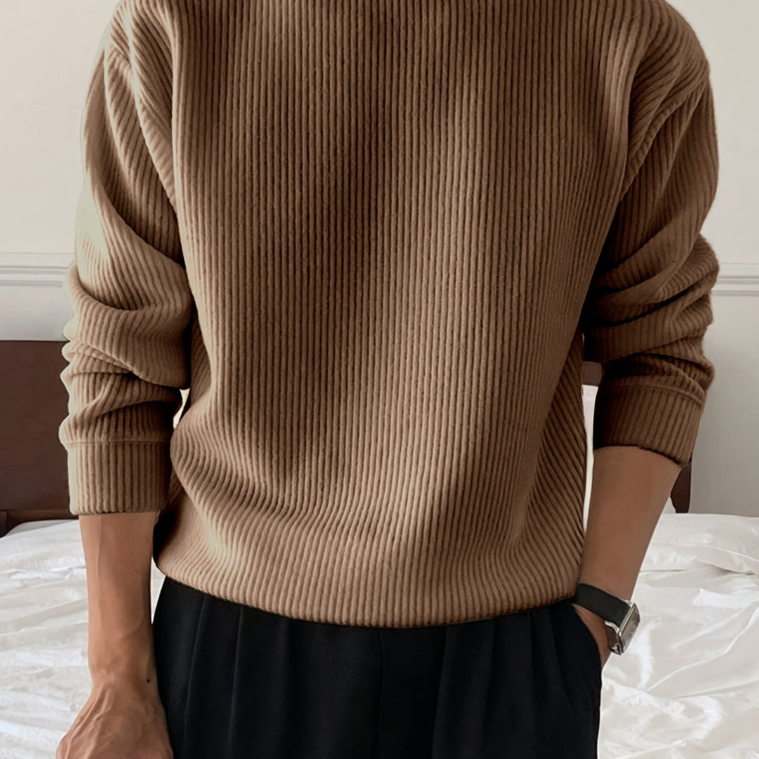 Heren gebreid T-shirt met lange mouwen, geribbeld en losvallend, voor lente/herfst, nieuwe gebreide pullover met ronde hals, casual modieuze sweatshirt