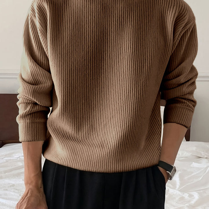 Heren gebreid T-shirt met lange mouwen, geribbeld en losvallend, voor lente/herfst, nieuwe gebreide pullover met ronde hals, casual modieuze sweatshirt