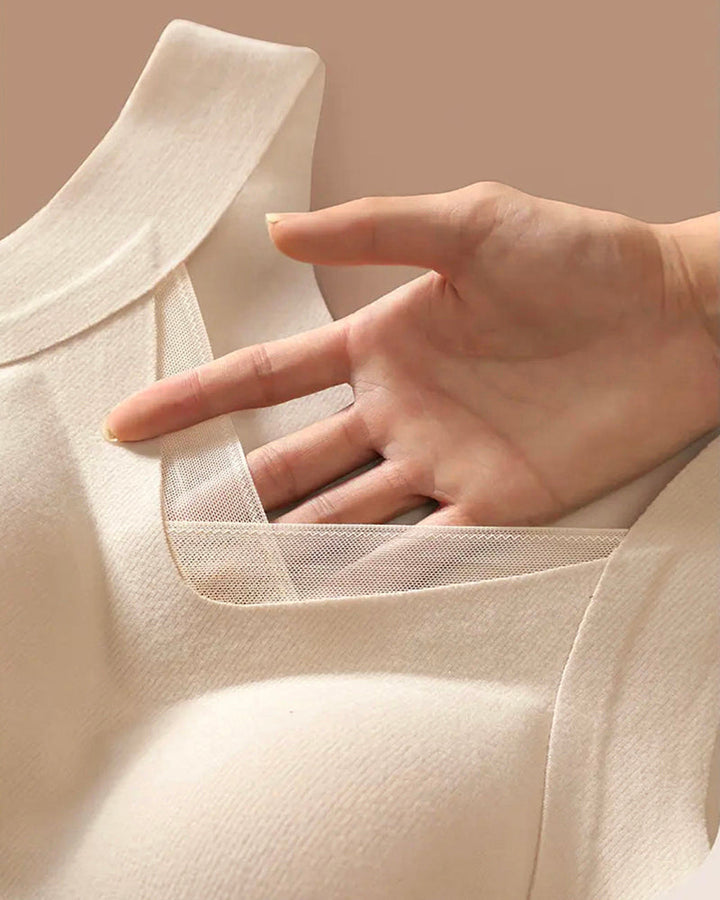 Sheer Mesh Spliced V Neck Sleeveless Built In Bra Tank Casual Warm Fleece Lined Slim Fit Top