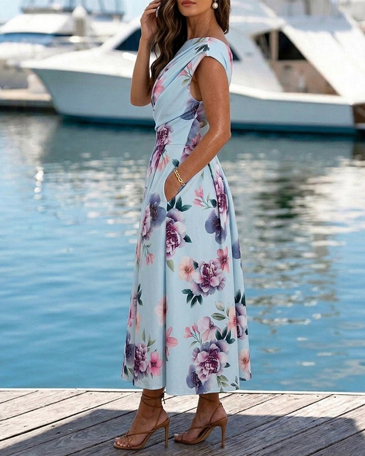 Women's Skew Neck Midi Dress Elegant Ruched Floral A-Line Dress High Waisted Vacation Dress with Pockets