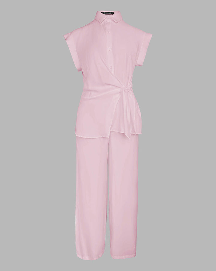 2 Pieces Outfit Turn-down Collar Cap Sleeve Button Front Tied Detail Top and Casual Zipper Fly Elastic Back Waist Wide-Leg Pants Set