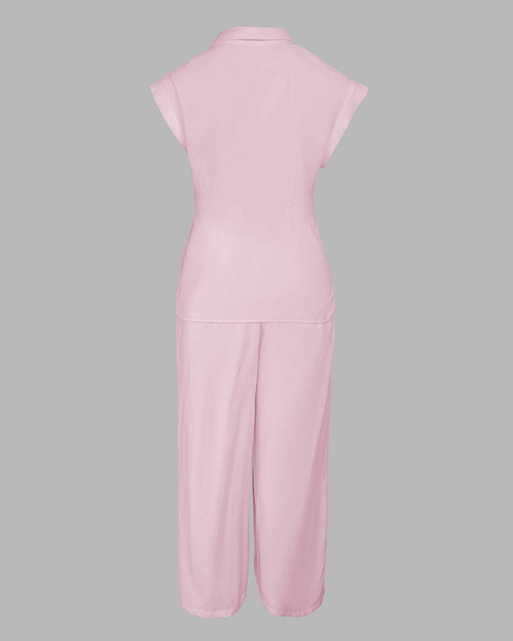 2 Pieces Outfit Turn-down Collar Cap Sleeve Button Front Tied Detail Top and Casual Zipper Fly Elastic Back Waist Wide-Leg Pants Set