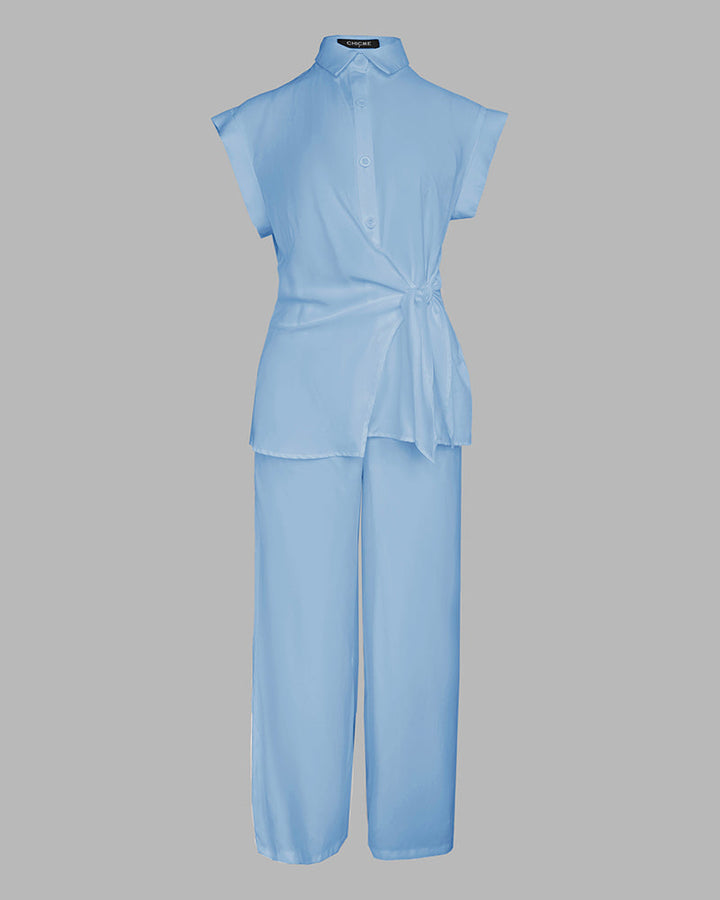 2 Pieces Outfit Turn-down Collar Cap Sleeve Button Front Tied Detail Top and Casual Zipper Fly Elastic Back Waist Wide-Leg Pants Set