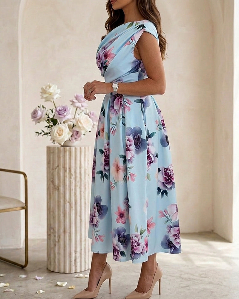 Women's Skew Neck Midi Dress Elegant Ruched Floral A-Line Dress High Waisted Vacation Dress with Pockets