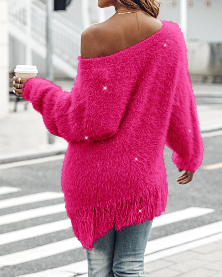 V-Neck Long Sleeve Sweater Fringe Pullover Casual Tassel Fall Winter Top