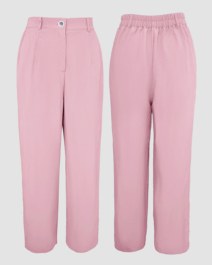 2 Pieces Outfit Turn-down Collar Turn-Up Sleeves Button Front Flap Pockets Design Top and Causal Zipper Fly Elastic Back Waist Wide Leg Pants Set