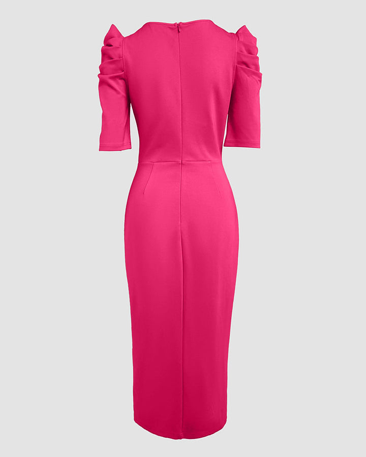 3D Flower Decor Round Neck Puff Sleeve Bodycon Dress Casual Ruched Slit Zipper Back Work Dress