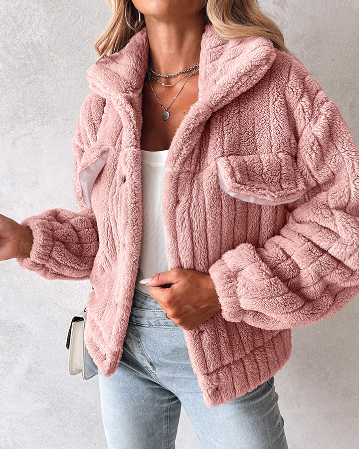 Textured Striped Turn-down Collar Button Front Elastic Cuff and Hem Teddy Fleece Jacket With Decorative Flap Pockets