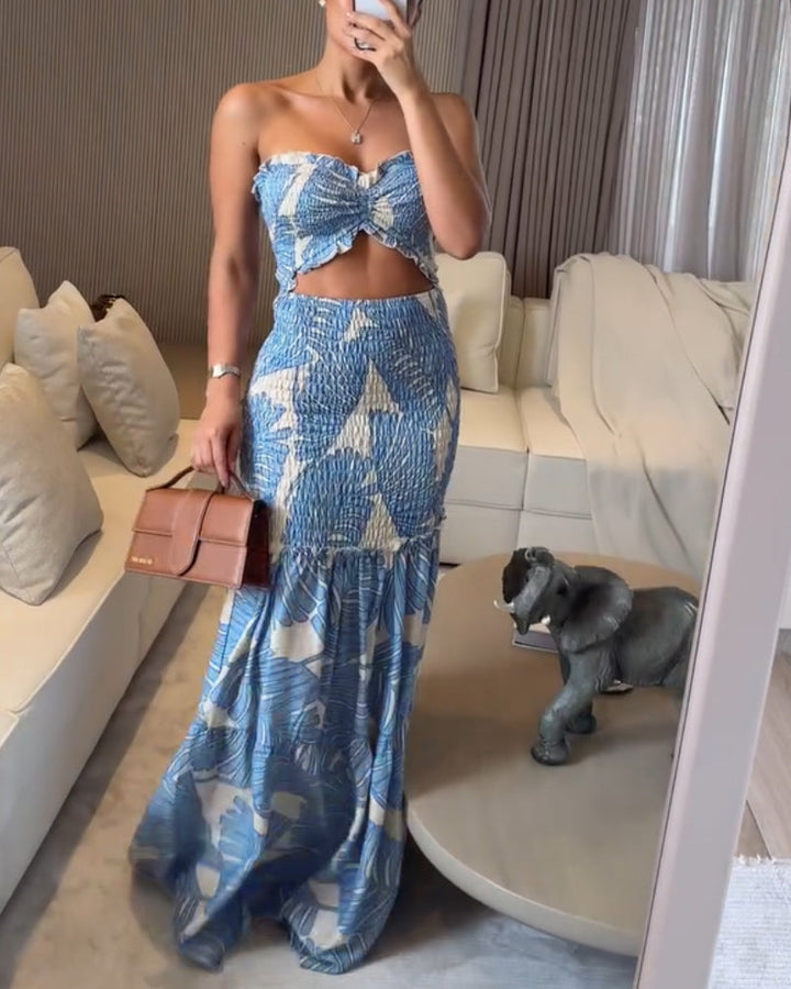 Tropical Print Halter Tie Shirred Frill Trim Cinched Waist Vacation Dress Ruched Cutout Front Slim Fit Ruffle Hem Mermaid Dress