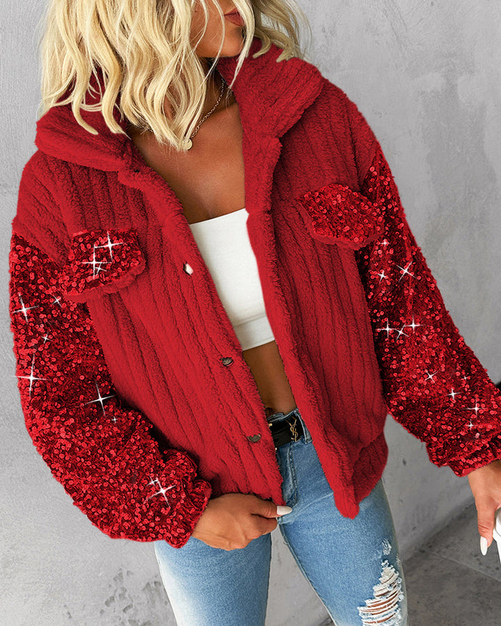 Turn-down Collar Sequin Patch Teddy Jacket