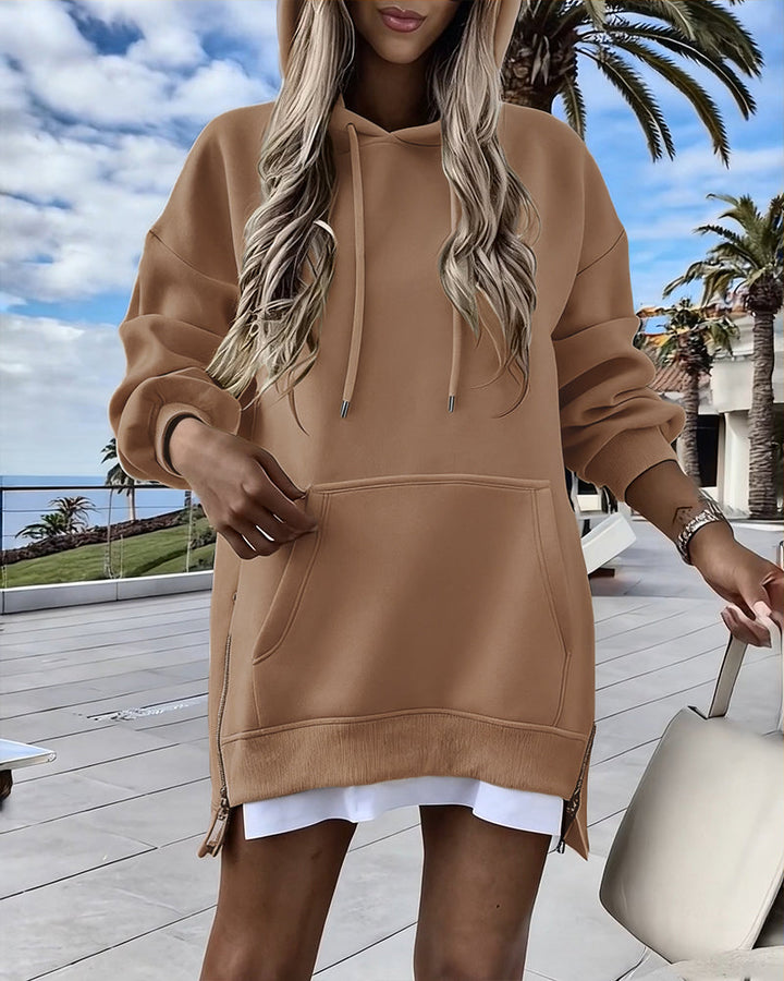 Long Sleeve Pocket Design Pullover Sweatshirt Casual Faux Two Piece Longline Drawstring Hooded Top