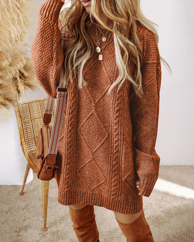 Round Neck Long Sleeve Drop Shoulder Pullover Sweater Casual Loose Fit Cable Knit Mid Length Sweater