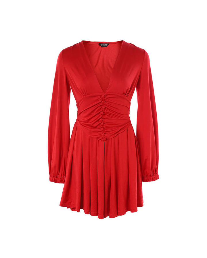 Deep V Neck Lantern Sleeve Ruched Pleated A Line Flowy Dress Single Breasted Decor Cinched Waist Party Dress