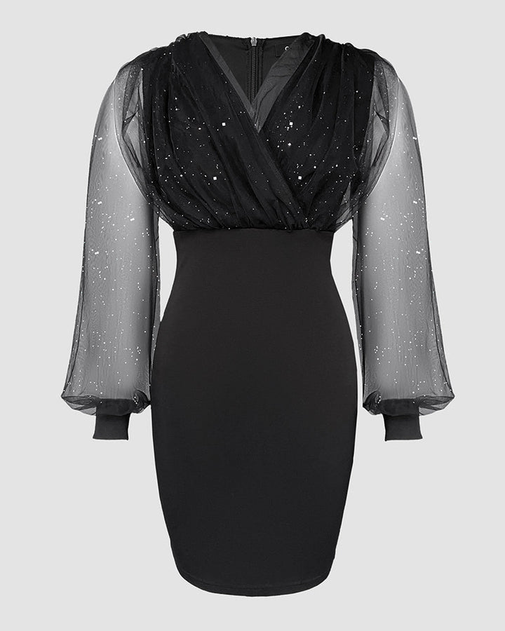 Glitter Sheer Mesh Spliced Overlap V-Neck Mesh Lantern Sleeve Mini Party Dress Ruched Zipper Back Slim Fit Evening Dress