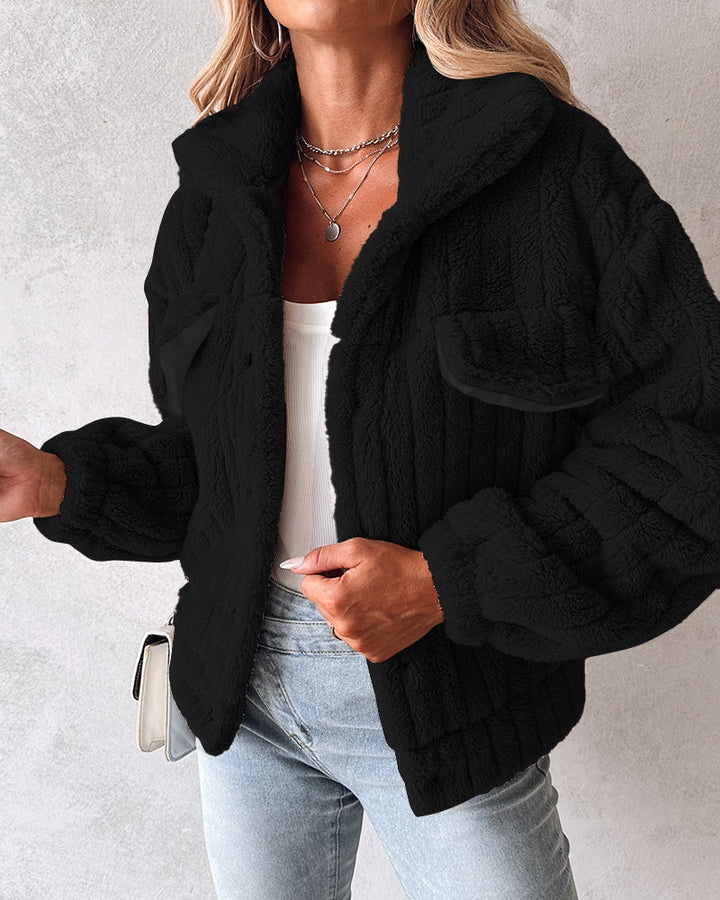 Textured Striped Turn-down Collar Button Front Elastic Cuff and Hem Teddy Fleece Jacket With Decorative Flap Pockets