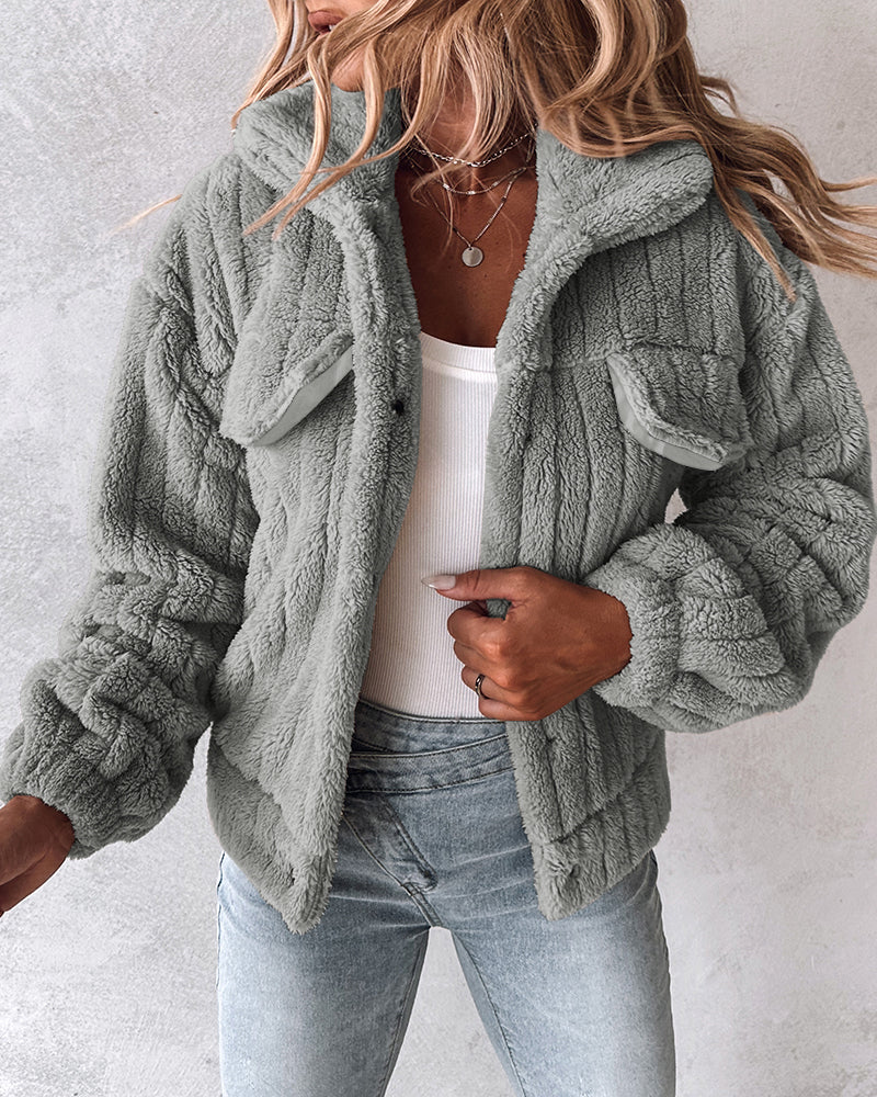 Textured Striped Turn-down Collar Button Front Elastic Cuff and Hem Teddy Fleece Jacket With Decorative Flap Pockets