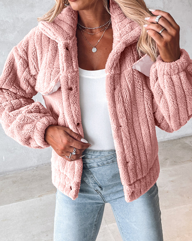 Textured Striped Turn-down Collar Button Front Elastic Cuff and Hem Teddy Fleece Jacket With Decorative Flap Pockets