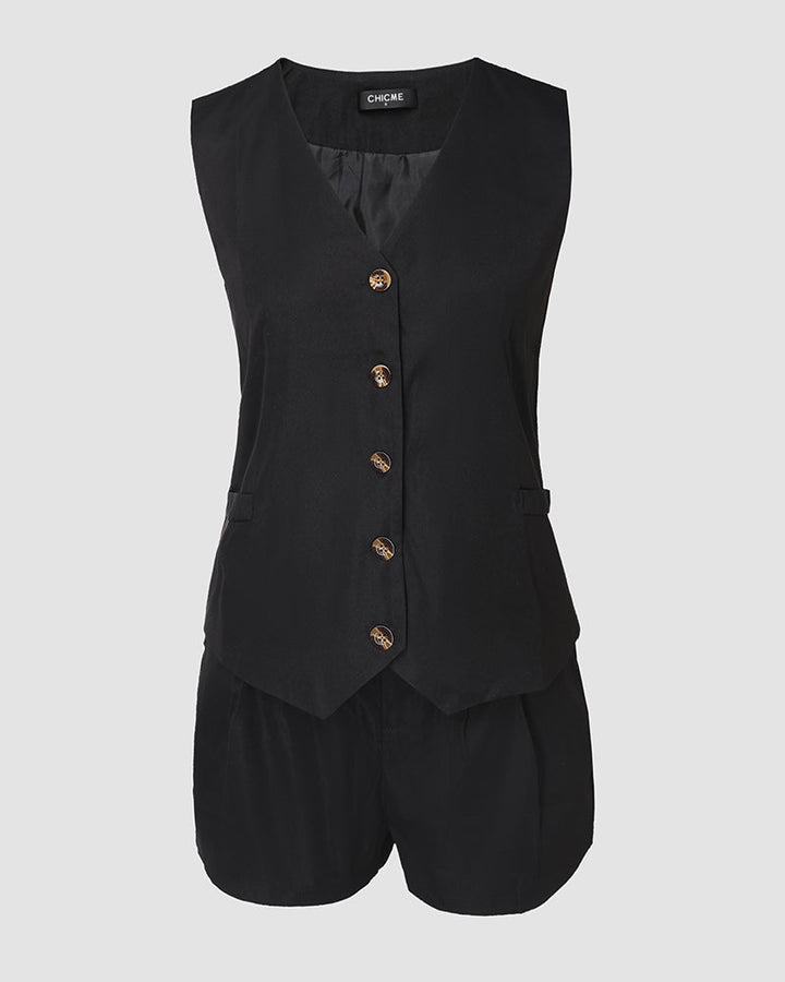 2 Pieces Outfit V-Neck Sleeveless Button Front Vest and Zipper Fly Colorblock Elastic Back Waist Shorts Set Casual Blazer Set