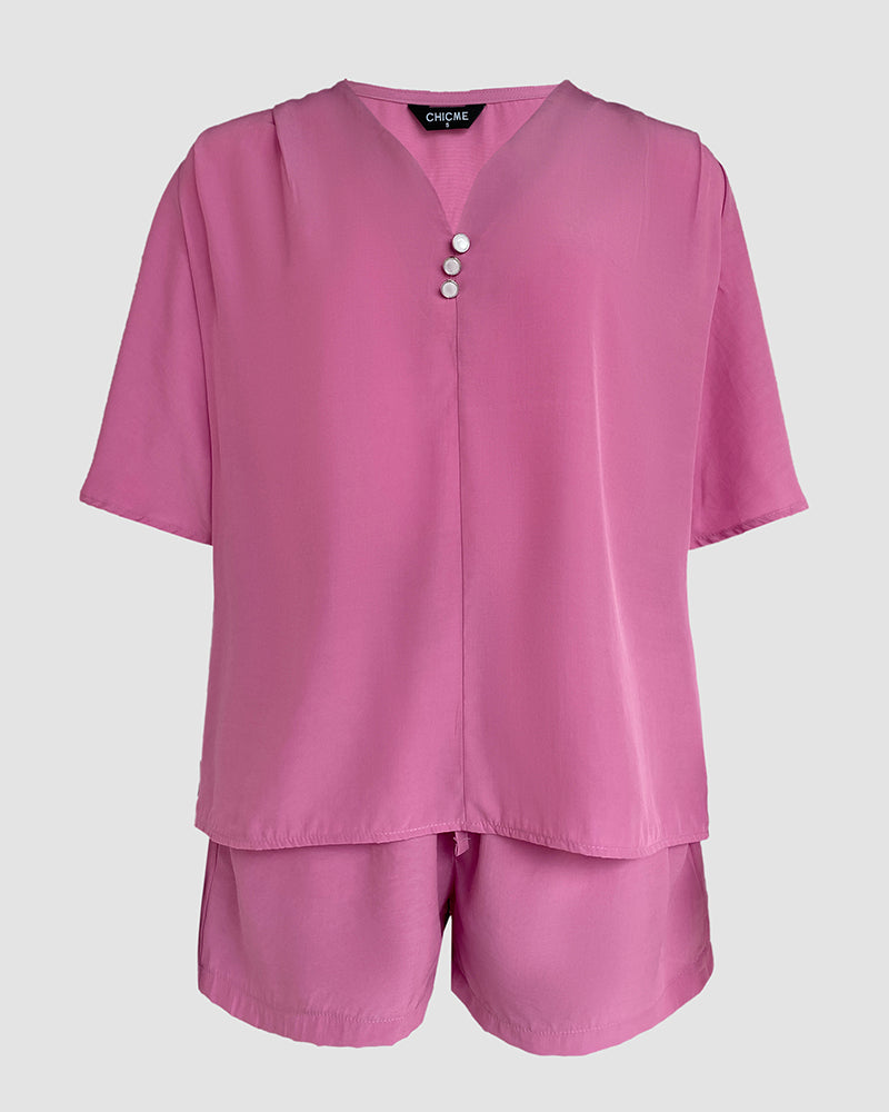 2 Pieces V Neck Button Decor Bell Sleeve Top and Casual Drawstring Stechy Waist Shorts Set