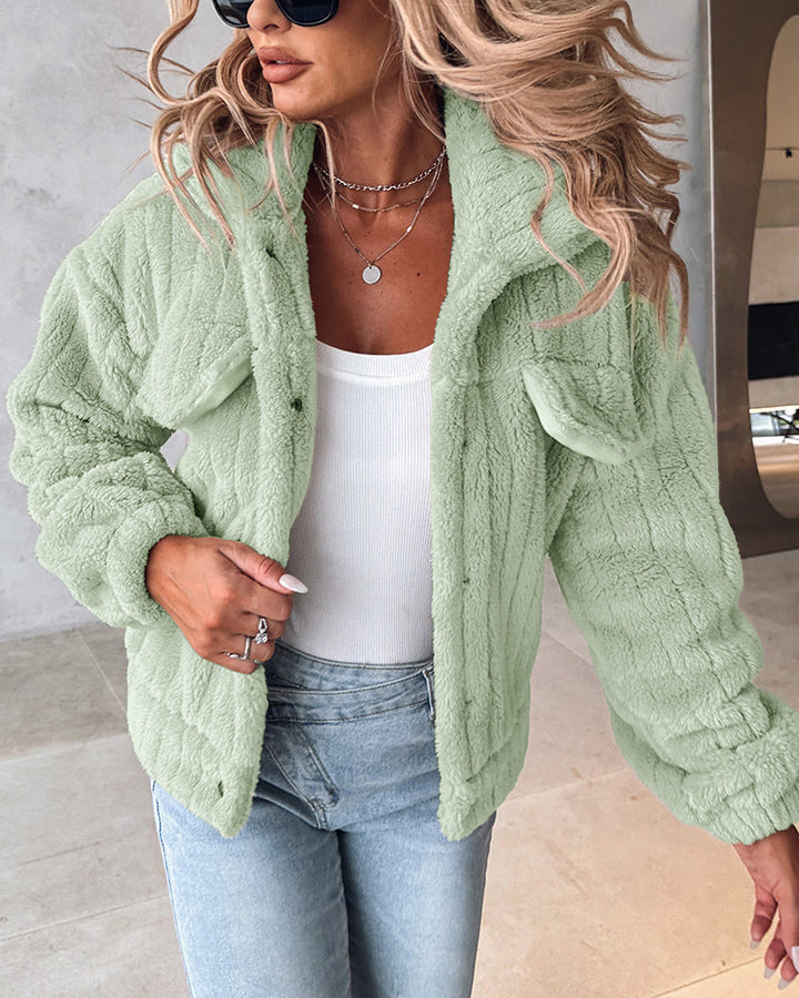Textured Striped Turn-down Collar Button Front Elastic Cuff and Hem Teddy Fleece Jacket With Decorative Flap Pockets