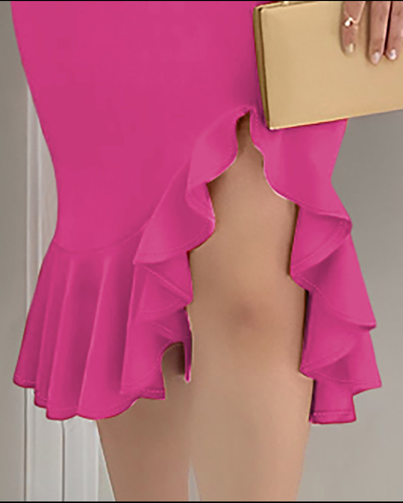 Cold Shoulder Beaded Slit Bodycon Dress Ruffle Hem Zipper Back Party Dress