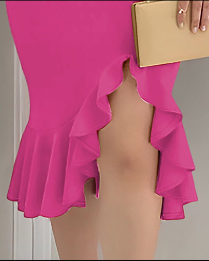 Cold Shoulder Beaded Slit Bodycon Dress Ruffle Hem Zipper Back Party Dress