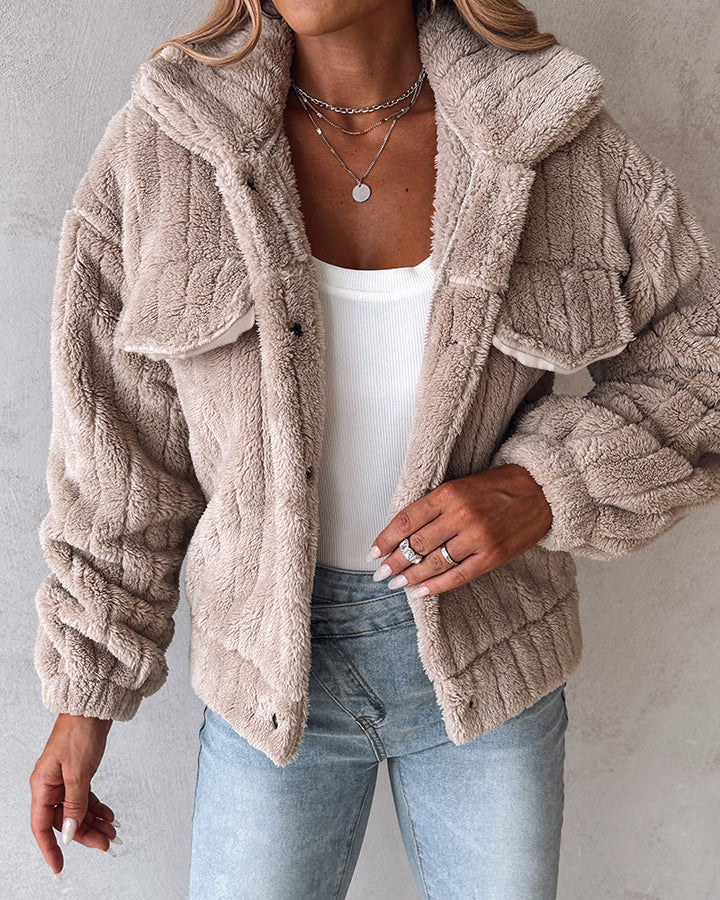 Textured Striped Turn-down Collar Button Front Elastic Cuff and Hem Teddy Fleece Jacket With Decorative Flap Pockets