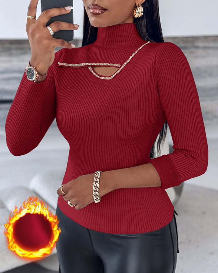 High Neck Long Sleeve Beaded Knit Sweater Hollow-out Fleece Lined Basic Layering Soft Versatile Thermal Top