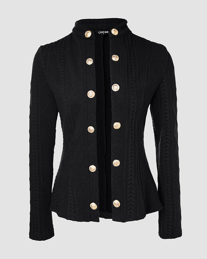 Metal Double Breasted Decor Stand Collar Argyle & Cable Textured Coat