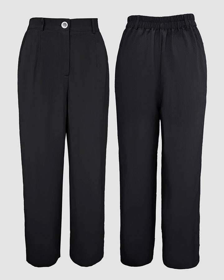 2 Pieces Outfit Turn-down Collar Turn-Up Sleeves Button Front Flap Pockets Design Top and Causal Zipper Fly Elastic Back Waist Wide Leg Pants Set