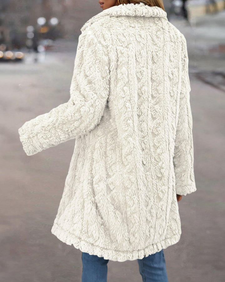 Cable Textured Lapel Neck Button Front Pocket Design Thermal Teddy Coat