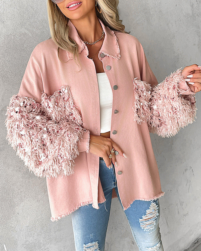 Sequin Decor Turn-down Collar Button Front Pockets Design Denim Coat Casual Fuzzy Spliced Raw Trim Shacket