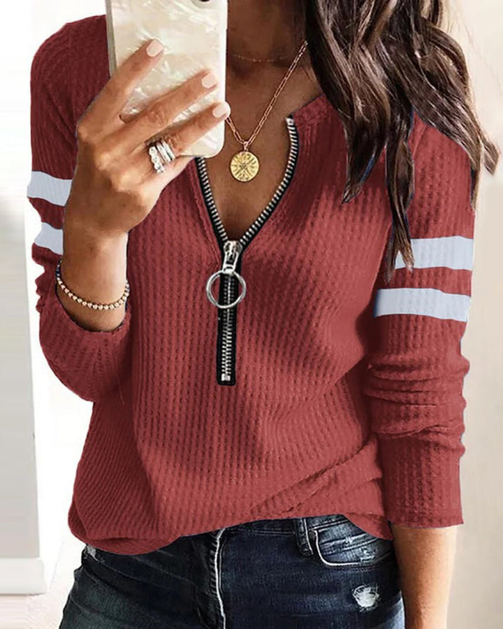Striped Print Zipper Front Long Sleeve Top  Waffle Knit Loose Fitting Tunic Tops