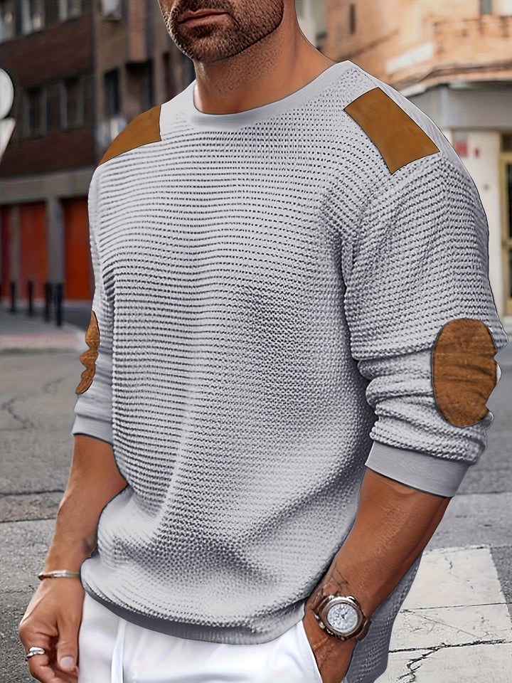 Herren Casual Waffle Tricot Sweatshirt met Contrastkleuren en Patches - Wasbaar Ronde Hals Pullover voor Outdoor Vrije Tijd, Textuur Kleding