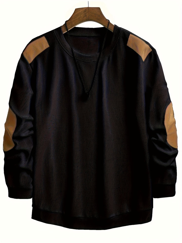 Herren Casual Waffle Tricot Sweatshirt met Contrastkleuren en Patches - Wasbaar Ronde Hals Pullover voor Outdoor Vrije Tijd, Textuur Kleding