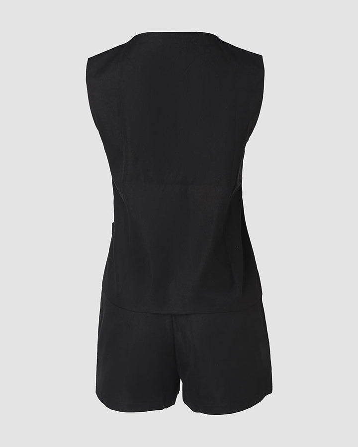 2 Pieces Outfit V-Neck Sleeveless Button Front Vest and Zipper Fly Colorblock Elastic Back Waist Shorts Set Casual Blazer Set
