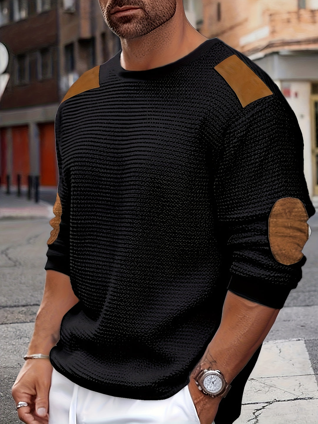 Herren Casual Waffle Tricot Sweatshirt met Contrastkleuren en Patches - Wasbaar Ronde Hals Pullover voor Outdoor Vrije Tijd, Textuur Kleding