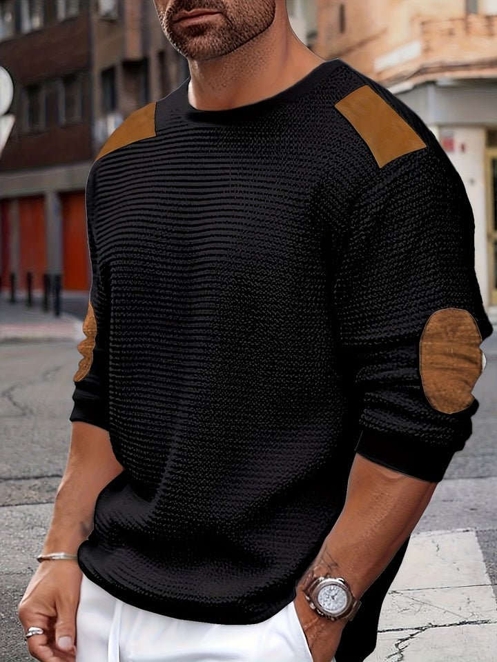 Herren Casual Waffle Tricot Sweatshirt met Contrastkleuren en Patches - Wasbaar Ronde Hals Pullover voor Outdoor Vrije Tijd, Textuur Kleding