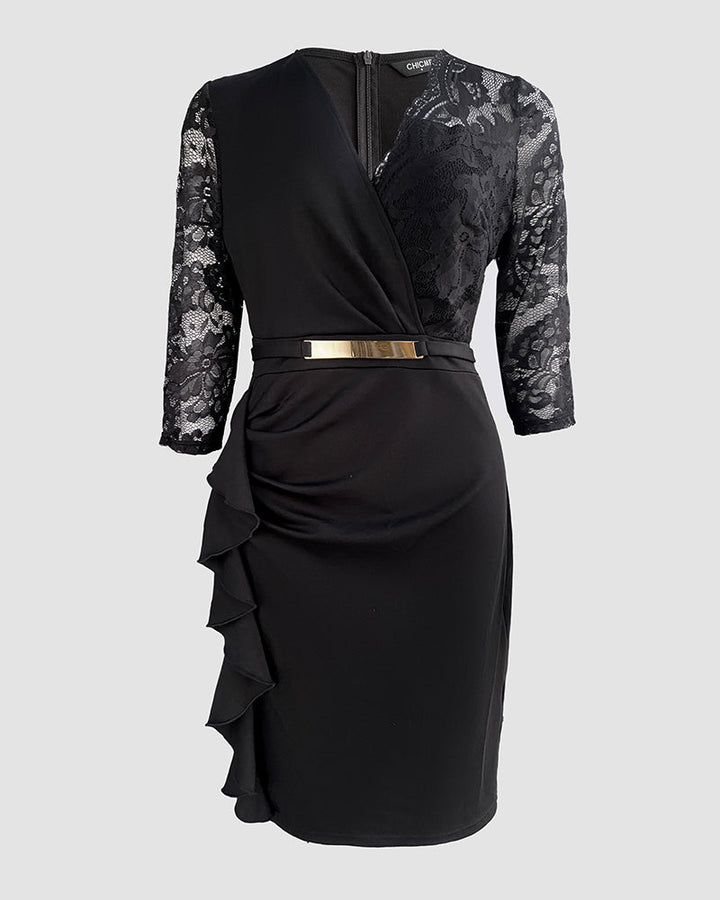 Metal Decor V-Neck Lace Spliced Three Quarters Sleeves Ruffles Design Evening Dress Zipper Back Slit Slim Fit Party Dress with Belt
