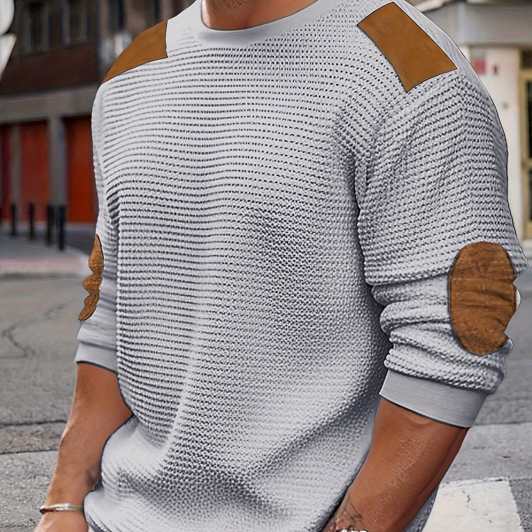 Herren Casual Waffle Tricot Sweatshirt met Contrastkleuren en Patches - Wasbaar Ronde Hals Pullover voor Outdoor Vrije Tijd, Textuur Kleding