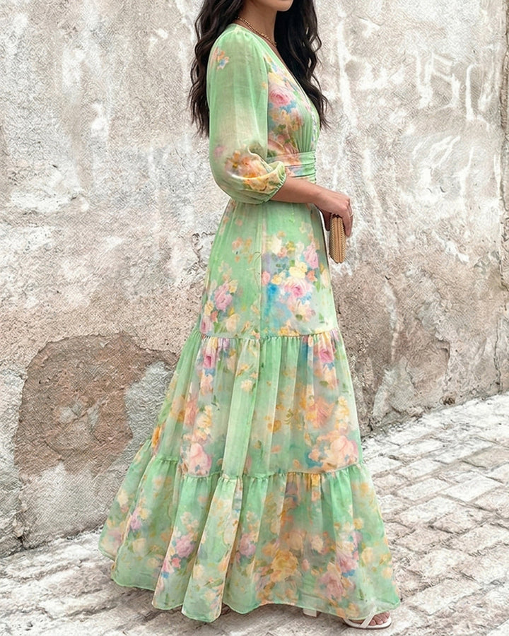 CHICME Women's Watercolor Floral V-Neck Shirred High Waist Maxi Dress Three Quarters Lantern Sleeve A-Line Ruffle Hem Chiffon Vacation Dress