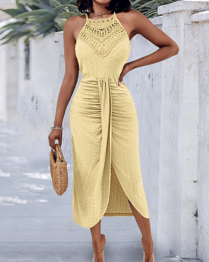 Adjustable Halter Hollow-out Back Ruched Front Slit Dress Guipure Lace Yoke Eyelet Embroidery Vacation Dress