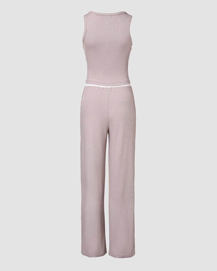 2 Piece Outfits Notch Neck Sleeveless Top Stretchy Waist Straight Leg Pants Lounge Sets Tracksuit