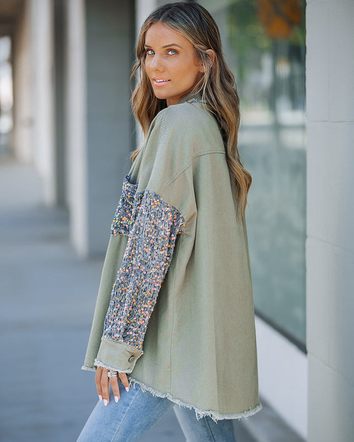 Casual Jacket Sequin Patchwork Long Sleeve Jacket Top Button Front Raw Hem Oversized Denim Shacket