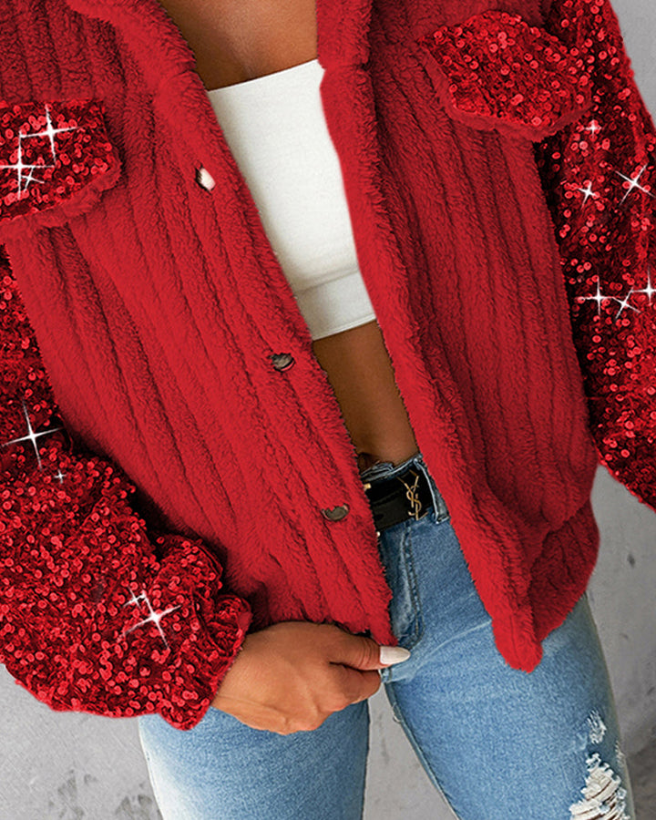 Turn-down Collar Sequin Patch Teddy Jacket