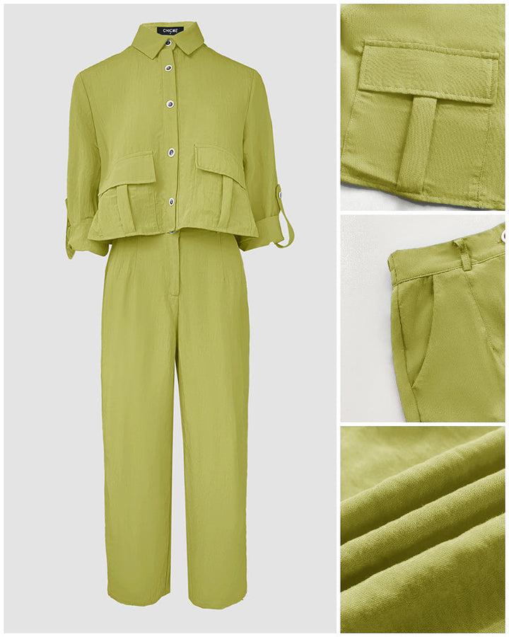 2 Pieces Outfit Turn-down Collar Turn-Up Sleeves Button Front Flap Pockets Design Top and Causal Zipper Fly Elastic Back Waist Wide Leg Pants Set