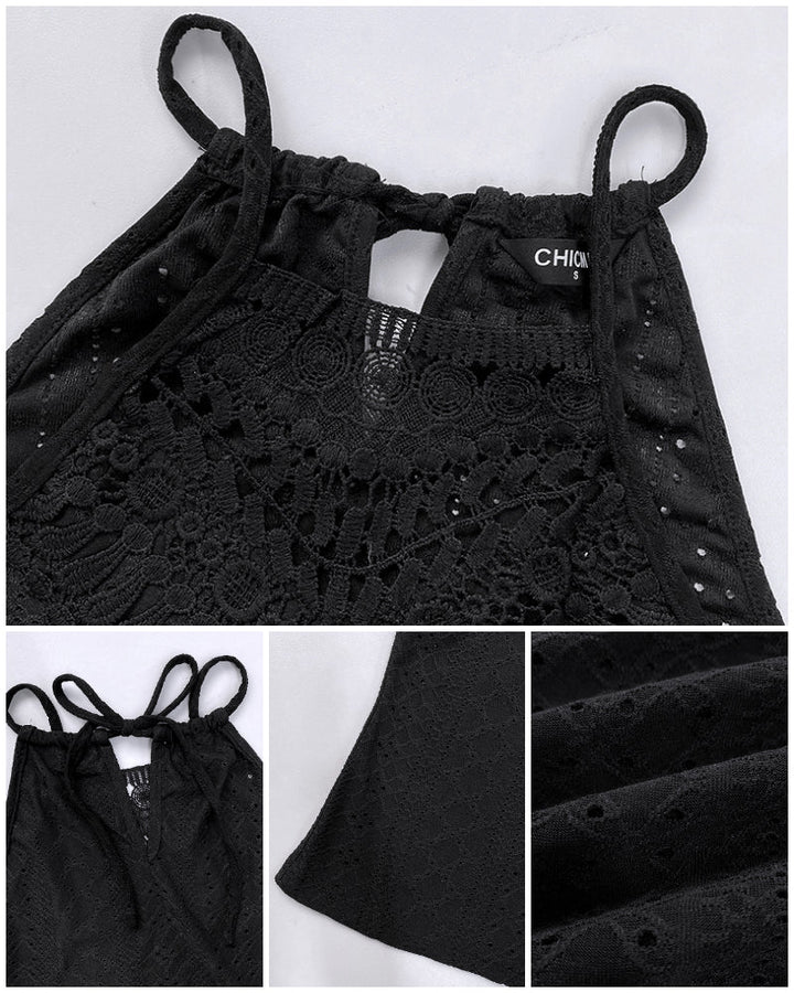 Halter Lace Up Water Soluble Lace Trim Sleeveless Tank Jacquard Casual Slim Fit Knit Top