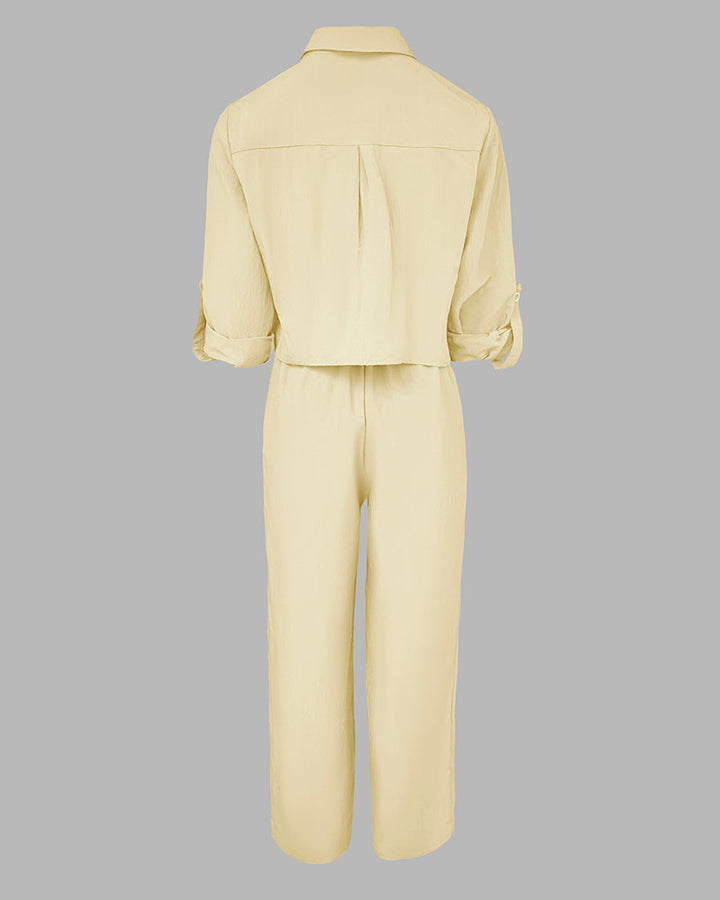 2 Pieces Outfit Turn-down Collar Turn-Up Sleeves Button Front Flap Pockets Design Top and Causal Zipper Fly Elastic Back Waist Wide Leg Pants Set